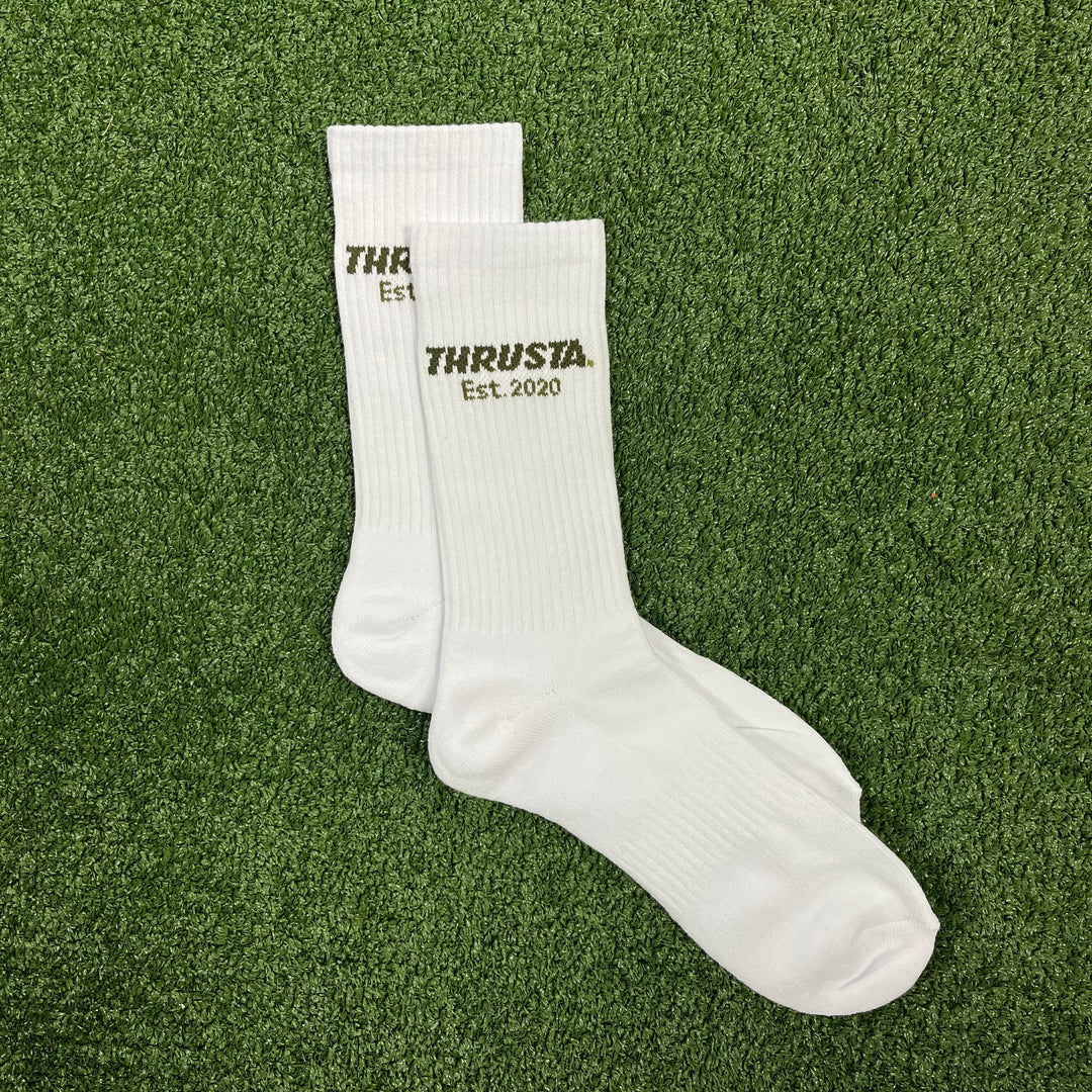 White/Olive Crew Socks Small Logo